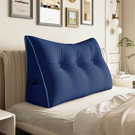 8 lbs Thickened Twin Wedge Pillow Headboard College Dorm Bed Velvet Wedge Pillow Backrest Support Triangular Headboard Pillows with Side Pocket, Dorm Bedding Essentials for Girls & Boys, Blue