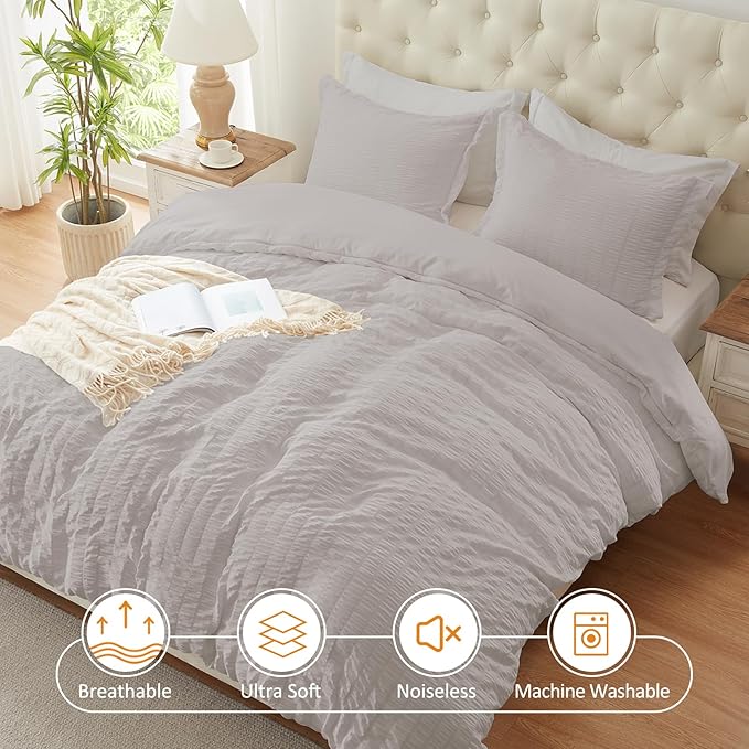 Cozyide Light Grey Duvet Cover Queen, 3 Pieces Bedding Duvet Covers, Soft Breathable Seersucker Duvet Cover Set with Zipper Closure and Corner Ties (1 Duvet Cover 90"x90" + 2 Pillow Shams 20"x26")