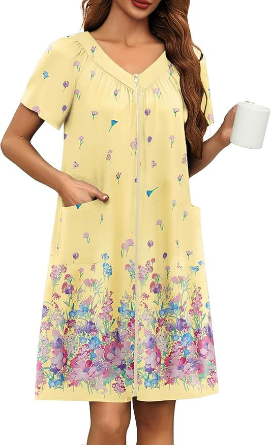 Ekouaer Women Robe Zipper Front Mumu Duster Robes Zip Up Housecoat Soft Sleepwear with Pockets