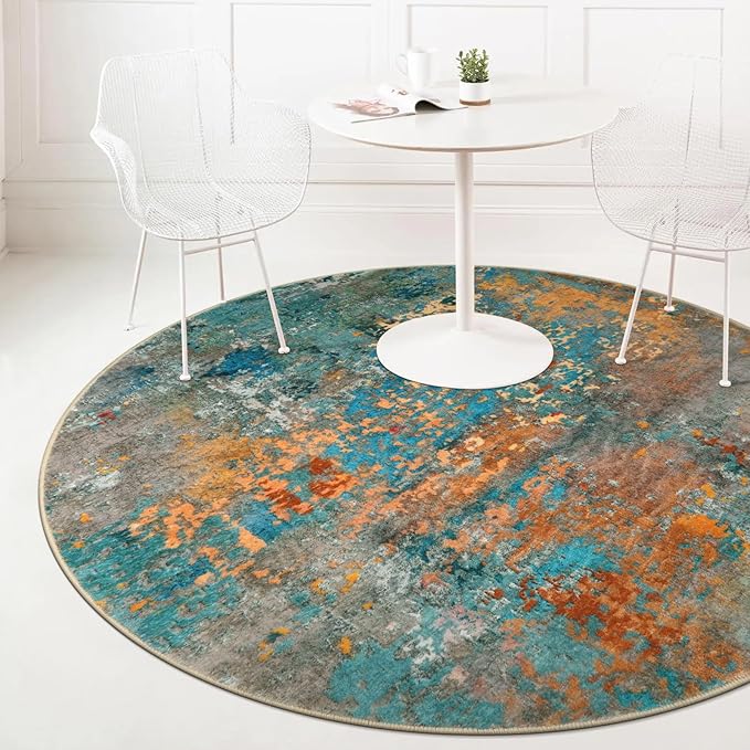 Lahome Modern Abstract Round Rug 5Ft - Colorful Washable 5x5 Circle Rugs for Living Room Bedroom Non Slip, Soft Indoor Floor Carpet for Dining Table Bathroom Nursery Dorm Decor
