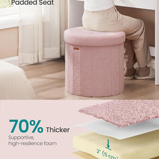 SONGMICS Mazie Collection - Round Storage Ottoman, Folding Footrest Stool with Removable Lid, Easy Assembly, Teddy Fleece Vanity Stool for Bedroom, Living Room, Entryway, Jelly Pink ULSF606R01