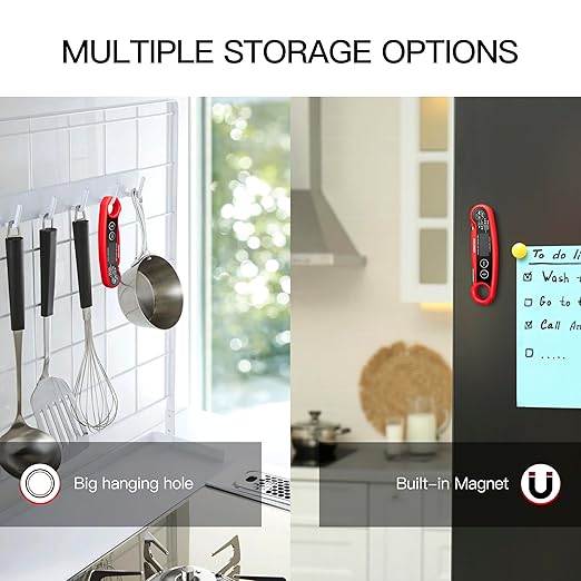 KULUNER 1-Second Rapid and Accurate Meat Thermometer - Waterproof Multifunctional Kitchen Food Thermometer, Ideal for Frying, Smoking, Grilling and More(Red)