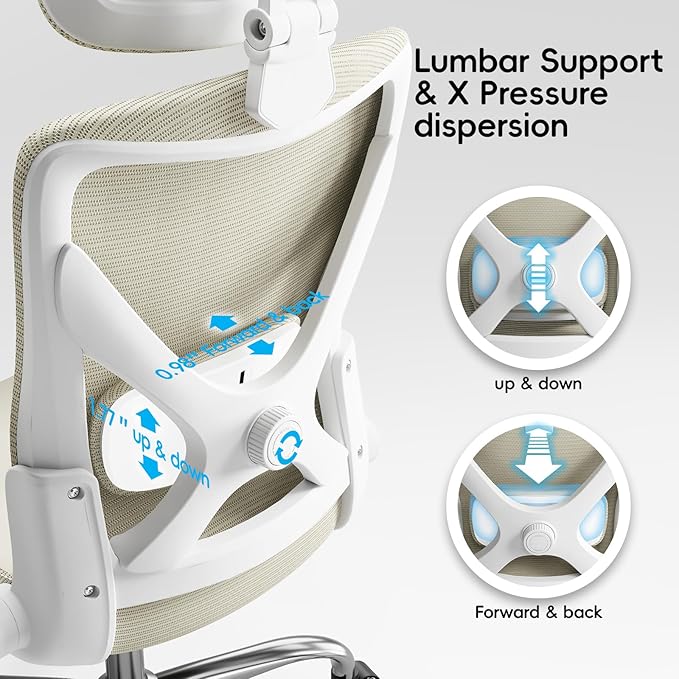 Office Home Ergonomic Desk Chair-Computer X-Shaped Chair Mesh PU Leather with Adjustable Lumbar Support-Executive Chair High Back with Headrest Flip-Up Arms for Long Hours (Beige)