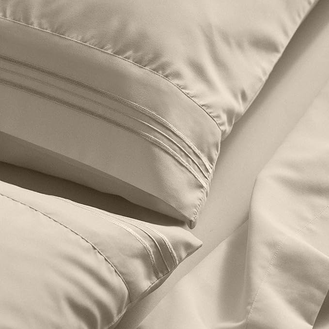 Mellanni Queen Sheet Set - 6-Piece Iconic Collection Bedding, (Including 4 Pillowcases), 21-Inch Extra Deep Pocket, Easy Care, Ultra Soft, Cooling Sheets, Brushed Microfiber - Beige
