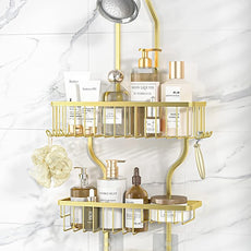 YASONIC Never Rust Shower Caddy Hanging Organizer - Aluminum Over-the-Showerhead Rack With 10 Hooks for Razor/Sponge and Soap Basket - Gold