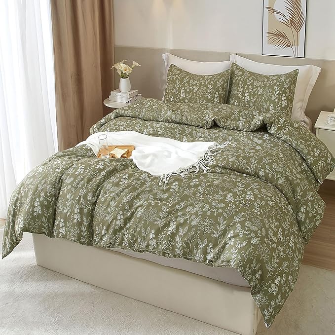 HighBuy Floral Duvet Cover King Olive Green Floral Botanical Bedding Comforter Cover King Women Girls Garden Style Bedding Set Boho Chic Duvet Cover with 2 Pillowcases,All Season