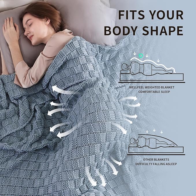 Knitted Weighted Blanket for Adult, No Beads Heavy Blanket 50” x 60'' 7lbs, Breathable Chunky Knit Blanket, Cooling Weighted Blanket for Hot Sleepers, Christmas Home Decor (Light Blue)