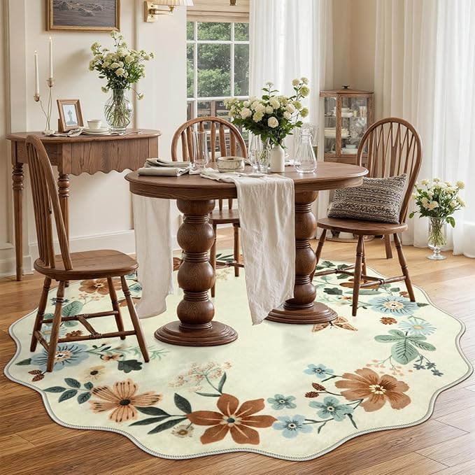 Lahome Floral Washable Round Area Rug, Round Rug 5ft Soft Non-Slip, Non-Shedding Boho Circle Carpet for Bedroom Living Room Bathroom Nursery Kitchen, Beige