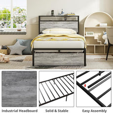 LIKIMIO Twin XL Bed Frames with Drawer, Storage Headboard with Outlets, No Box Spring Needed, Easy Assembly, Industrial Gray