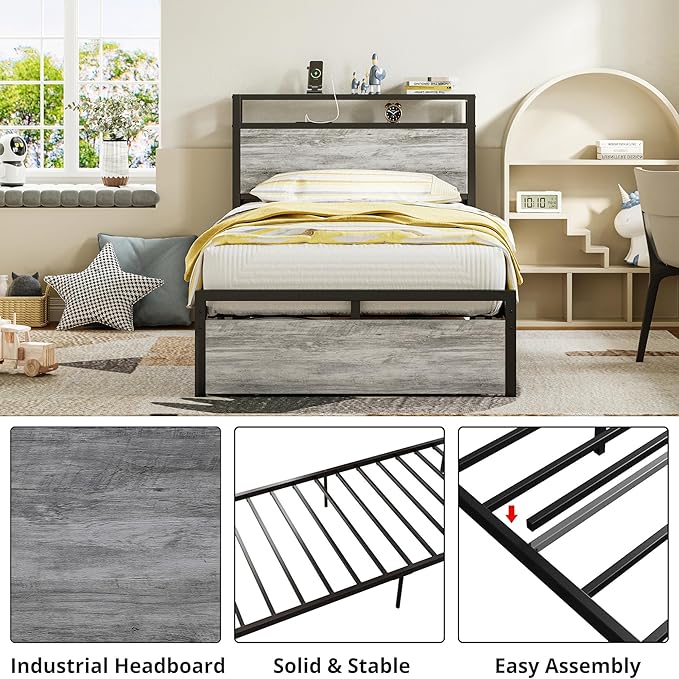 LIKIMIO Twin XL Bed Frames with Drawer, Storage Headboard with Outlets, No Box Spring Needed, Easy Assembly, Industrial Gray
