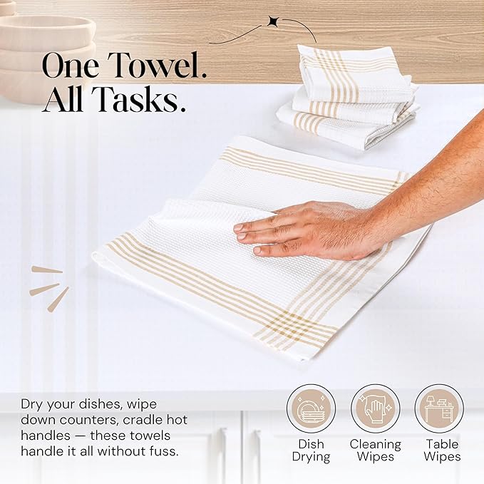 Beige and White Waffle Kitchen Towels 5 Pack, 100% Cotton, 16x26 Inch, Ultra Absorbent, Fast Dry Dish Towels, Reusable Dishcloths for Drying, Cleaning, Kitchen Use