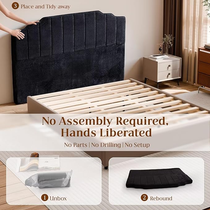 Queen Headboard Only - Black Velvet Upholstered Headboard for Bed, No Assembly Required, Pure Sponge Design, Place Between Bed & Wall, Vertical Stripe with Stepped Crown Top Edge