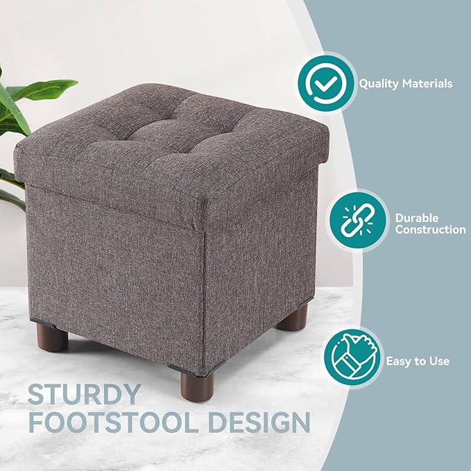 BRIAN & DANY Small Ottoman with Storage, Small Storage Ottoman, Folding Foot Stool with Wood Legs for Living Room and Bedroom Linen Rest Seat, 12.6"x12.6"x12.8" - Brown