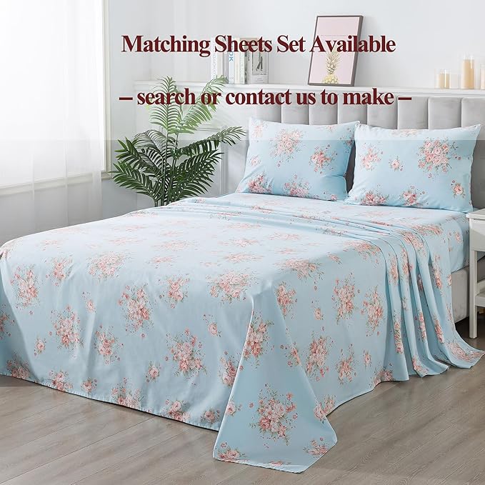 FADFAY Duvet Cover Set Twin Blue Rose Floral Bedding Rustic Peony Flower Comforter Cover Set Vintage Farmhouse Bedding 100% Cotton Ultra Soft Quilt Cover with Hidden Zipper Closure 3Pcs, Twin Size