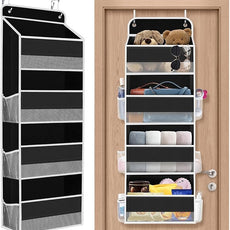1 Pack Over The Door Organizer, Hanging Storage Organizer with Clear Window, 40lb Ultra Sturdy Large Capacity Room Organizer for Pantry Laundry Bathroom Nursery Closet (Black)