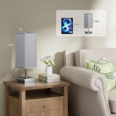 aooshine Grey Table Lamp - Bedside Lamp for Bedroom, Minimalist Nightstand Lamp with Square Fabric Shade, Desk Lamp for Kids Room Dorm