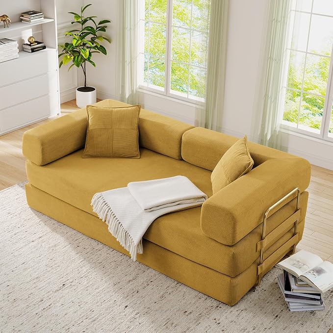 Antetek Convertible Futon Sofa Bed, 3-Seater Modern Corduroy Foam Floor King Size Bed Foldable Sleeper Lounge Loveseat Sofa Couch with 2 Throw Pillows for Living Room Bedroom Guest Room, Yellow