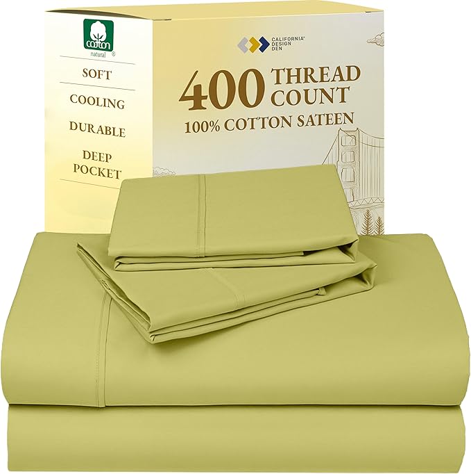 California Design Den Full Size Bed Sheets Set - Soft 400 Thread Count Sateen, Natural 100% Cotton Sheets Set with Deep Pockets, Breathable, and Durable Bedding - Celery Green CaliforniaDesignDen