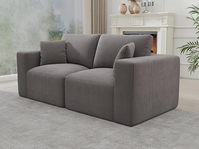 Modular Loveseat Couch Cloud Couches for Living Room - 79" Boneless Sofa - No Assembly Required, Cozy Corduroy Convertible Full Sponge Compression Sofas for House, Apartment(Grey)
