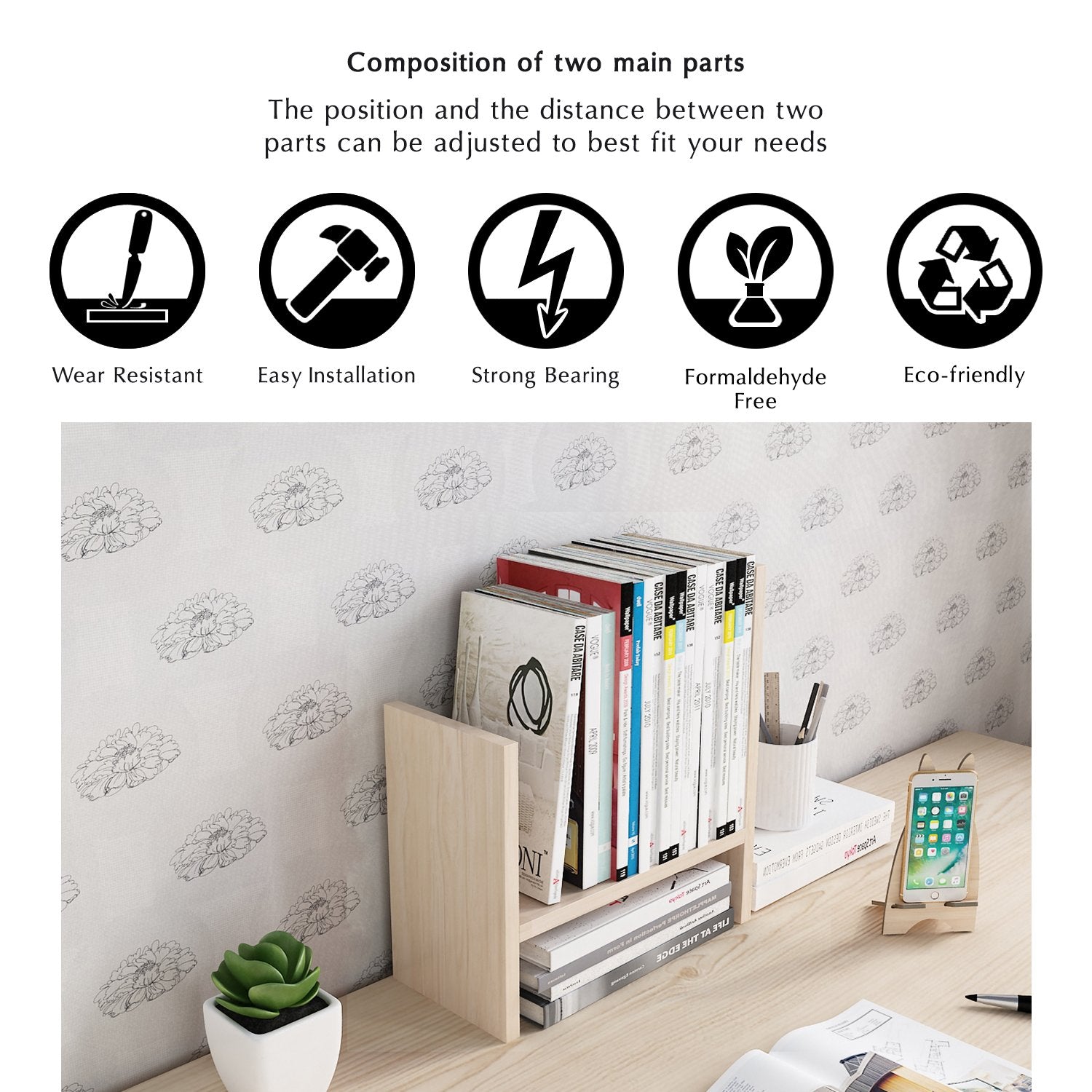 Jerry & Maggie Desktop Organizer Office Storage Rack Adjustable Wood Display Shelf Free Style Double H, Multi-Functional Mini Bookshelf for Desk Natural Stand (Violet) Dormly