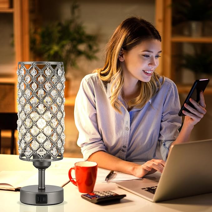 Hong-in Gray Crystal Table Lamp - 3-Way Dimmable Touch Control, Bedside Lamp with USB C and A Ports, Nightstand Light for Living Room, Bedroom, Home Office (Bulb Included)