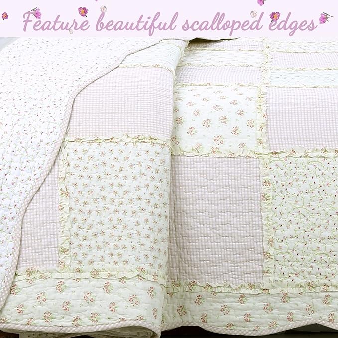 Cozy Line Home Fashions 100% Cotton Real Patchwork Reversible Shabby Chic Girly Floral Pink Peachy Quilt Bedding Set, Coverlet Bedspread (Old-Fashioned Sweetness, Queen - 3 Piece)