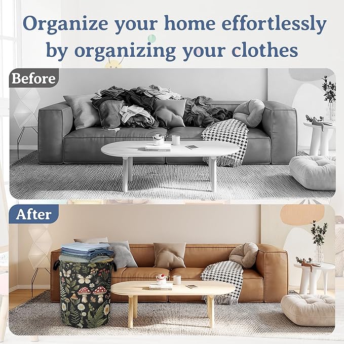 Red Mushroom Laundry Basket,Foldable Oxford Cloth Butterfly Plant Herb Laundry Hamper With Handle, 20.8"x16" Portable Clothes Storage Basket Bag for Laundry Room/Bathroom/Bedroom/Dormitories