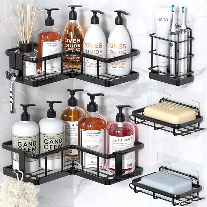 YASONIC Corner Shower Caddy, 5-Pack Adhesive Rustproof Stainless Steel Shower Organizer with Soap Holder, No Drilling Shower Shelf for Inside Shower, Dorm, Renters, Black