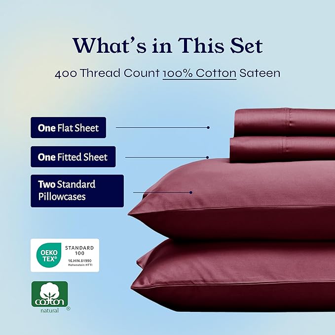 California Design Den Full Size Bed Sheets Set - Soft 400 Thread Count Sateen, Natural 100% Cotton Sheets with Deep Pockets, Breathable, and Durable Bedding Set - Burgundy Red
