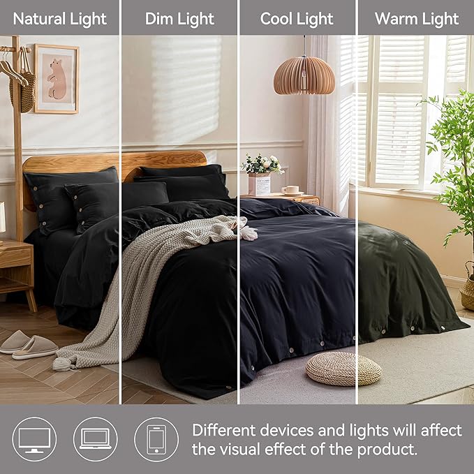JELLYMONI Cotton Duvet Cover Cal King Size - Pure Black Comforter Cover with Button 100% Washed Cotton 3PCS Breathable Soft Solid Bedding Set Duvet Cover 104×98in & 2 Pillowcases (NO Comforter)