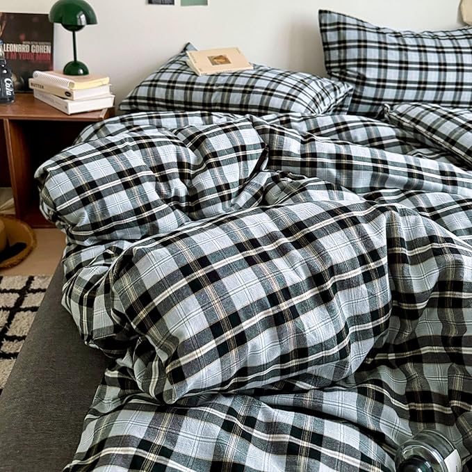 VM VOUGEMARKET Black Grey Plaid Duvet Cover Set King,3 Pieces Washed Cotton Bedding Set,Breathable Luxury Grid Duvet Cover with 2 Pillowcases