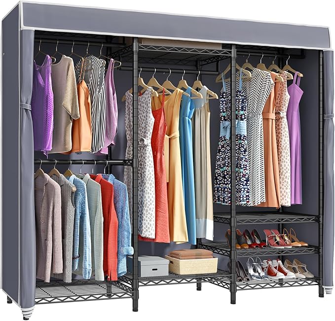 VIPEK V5C Portable Clothes Closet Wardrobe Bedroom Armoires Heavy Duty Covered Clothes Rack, Black Metal Clothing Rack with Grey Oxford Fabric Cover, Adjustable Custom Closet Rack 70.1"Lx17.3"Wx76.4"H