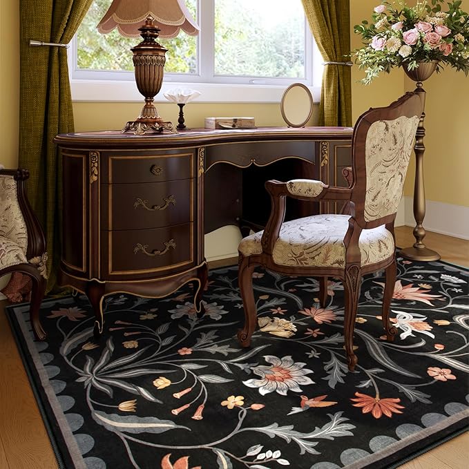 Lahome Boho Floral Washable Black 5x7 Area Rugs for Living Room, Non Slip Rugs for Bedroom Entryway, Indoor Ultra-Thin Throw Dining Room Carpet for Under Table Kitchen Dorm(Black,5x7)