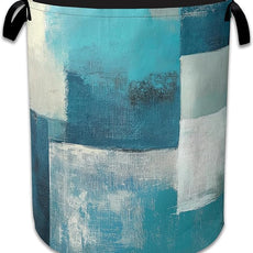 Turquoise Grey Abstract Art Painting Laundry Basket,Foldable Oxford Cloth Geometric Laundry Hamper with Handles, 20.8