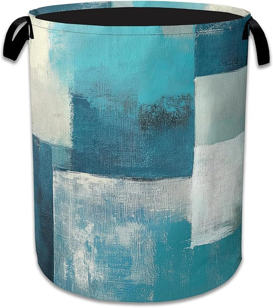 Turquoise Grey Abstract Art Painting Laundry Basket,Foldable Oxford Cloth Geometric Laundry Hamper with Handles, 20.8"x16" Tote Bag Clothes Storage Bucket for Laundry Room/Bathroom/Bedroom/Dormitories