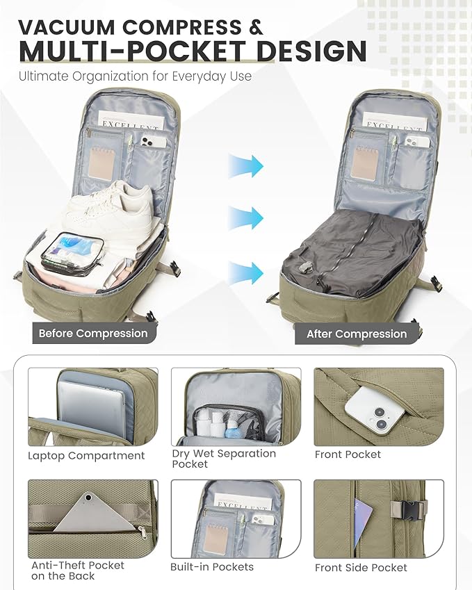 suwasp Vacuum Backpack Travel with Pump, Travel Backpack for Women Men, Vacuum Compression Bags with Laptop Compartment/Shoe Compartment, Personal Item Carry On Backpacks Flight Approved, Khaki