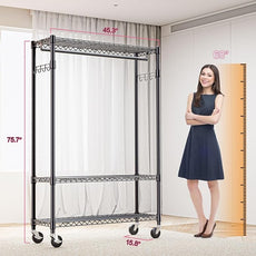 Heavy Duty Rolling Garment Rack 3 Tiers Adjustable Wire Shelving Clothes Rack with 1 Rods and Side Hooks,Storage Closet Clothing Rack with Wheels Black 15.7