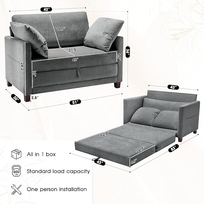 51" Convertible Sofa Bed, 2 in1 Folding Sofa Bed, Loveseat Sleeper Sofa for Small Spaces, Fold Out Floor Couch with 2 Pillows for Apartment, Living Room & Guest Room, Grey Chenille Fabric