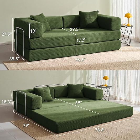YINIX Foldable Sofa Bed, 78'' Folding Floor Couch, Compressed Convertable Sleeper Sofa, Memory Foam Couch with Pillow Back Support Armrest, 4-in-1 Futon Sofa Bed for Living Room, Green