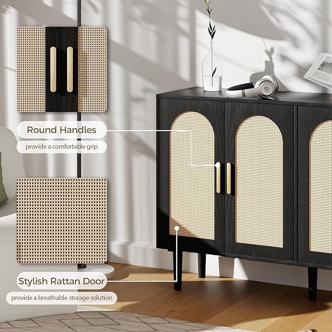 FONTOI Sideboard Cabinet with Rattan Doors, Kitchen Buffet Cabinet with Storage, Modern Farmhouse Large Accent Cabinets Credenza for Entryway Dining Room, Black