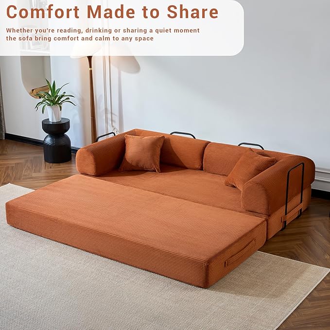 Compressed Sofa, Convertible Sofa Bed, Corduroy Compression Boneless Couch with Pillow, Comfy Modular Foldable Floor Sleeper Sofa for Bedroom, Living Room, Lounge, Studio (Orange)