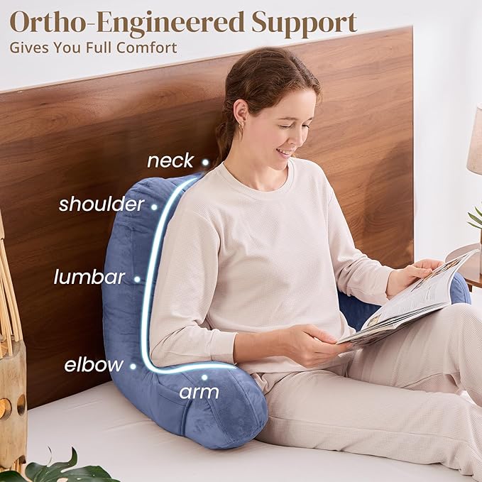 Sasttie Reading Pillow for Bed - 23 Inch, Back Pillow for Bed Sitting Up, Back-Rest Support Cushion with Side Pockets and Arms, Dorm Essentials, Oeko-Tex Certified, Grey Purple