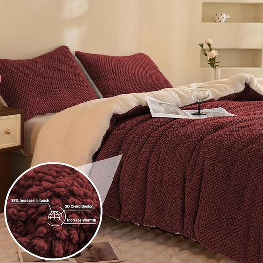 3D Jacquard Design Comforter Set, Ultra-Soft Warm Twin Size Sherpa Fur Plush 2-Pieces Sets Luxury Cozy Bedding with 1 Pillowcase (68"x90", Burgundy)