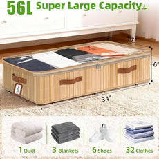 Livole Bamboo Under Bed Storage with Wheels, 6 inches Underbed Storage Containers, 56L XXL Rolling Under Bed Storage Bins with Clear Lid & Label for Clothes, Blankets, Sweater, Shoes, 1 Pack