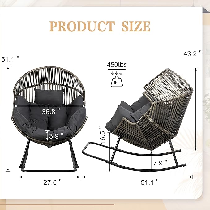 Vongrasig Comfy Wicker Rocking Egg Chair, Soft Thick Cushion Rattan Lounge Chair, High Capacity Steel Frame, Reading Chair for Living Room, Bedroom, Dorm Rooms (Black/Rattan)