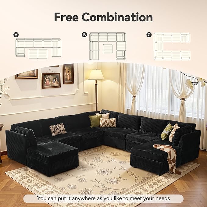 Large 9 Seat Modular Sectional Sofa with Ottoman Seat Corduroy Sleeper Sectional Sofa Bed Oversized Convertible Modular Couch for Living Room