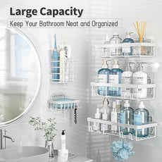 5 Pack Shower Caddy Organizer Rack Shelf for Inside Shower, Self Adhesive Wall Storage Basket Rustproof Stainless Steel Shampoo Holder Bathroom Accessory Decor Set, White