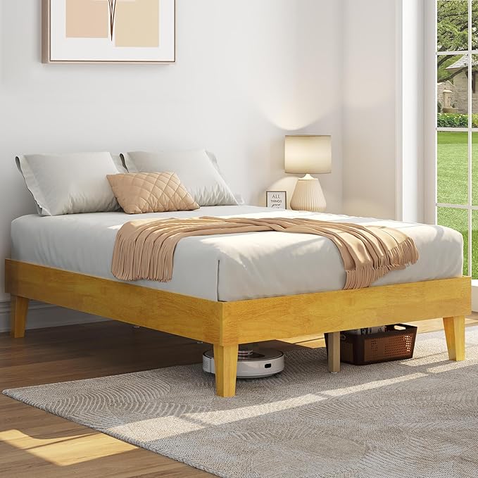 Yaheetech Full Bed Frame Natural Solid Wood Platform Bed with Wooden Slats Support, 12-inch Underbed Space for Storage, Noise-Free Design, Easy Assembly, Natural Wood Finish