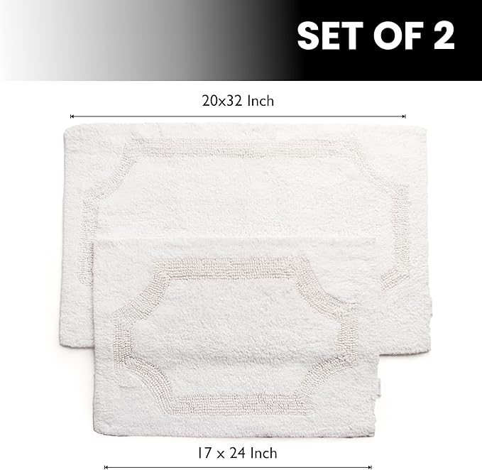 voyzz home Set of 2 Reversible Bath Rug 20x32 inch -17x24 inch | 100% Cotton Hand Tufted Soft & Absorbent Bath Mat|Washable Quick Dry Shaggy Shower Mat | Non-Slip Mordern Bathroom Decor | White…
