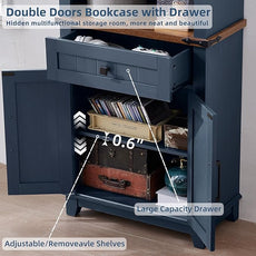 72in Tall Bookshelf 7 Tier Bookcase with Drawer and Barn Doors and Adjustable Shelves, Blue Farmhouse Book Shelf with Storage Cabinet, Wood Freestanding Display Bookshelves for Kitchen (2PCS)